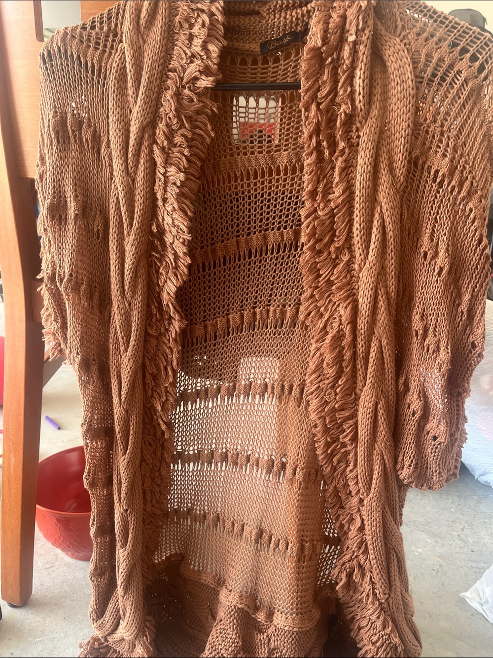 Fringed Open-Knit Poncho Cardigan - Brown